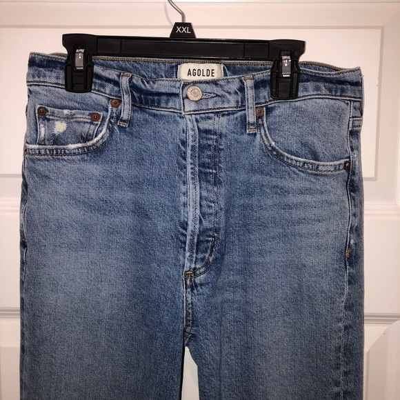 Agolde Blue Denim Nico High Rise Skinny Jeans Raw Distressed Hem sz 27 - Picture 4 of 9